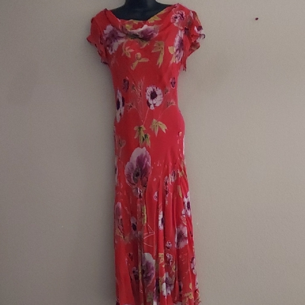 Vintage 1990s Paradise NY Cocktail Floral Dress Orange Large Purple Flowers